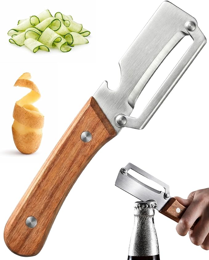 Multi Functional Vegetable Peeler with Wooden Handle and Bottle Opener, Stainless Steel Kitchen Peeler Tool for Potato Carrot Pumpkin Papaya, Premium Single Blade Food Peelers (1pcs)