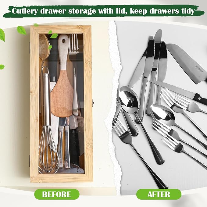 Baderke 2 Pieces Bamboo Drawer Organizer with Clear Lid Stackable Utensil Organizer Kitchen Silverware Holder Bamboo Flatware Cutlery Storage Box in Drawer