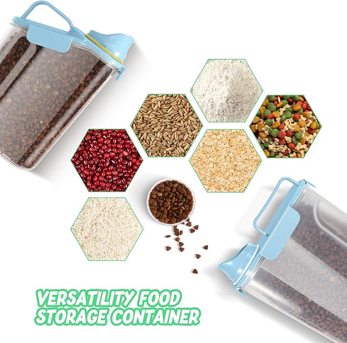 LEAWALK Dog Food Storage Container, Upgraded Large Nozzle BPA-free, 3-5 LBS Plastic Pet Food Storage Containers, With 4 Sealed Clasps, 1 Measuring Cup and Handle (Bright blue-A)