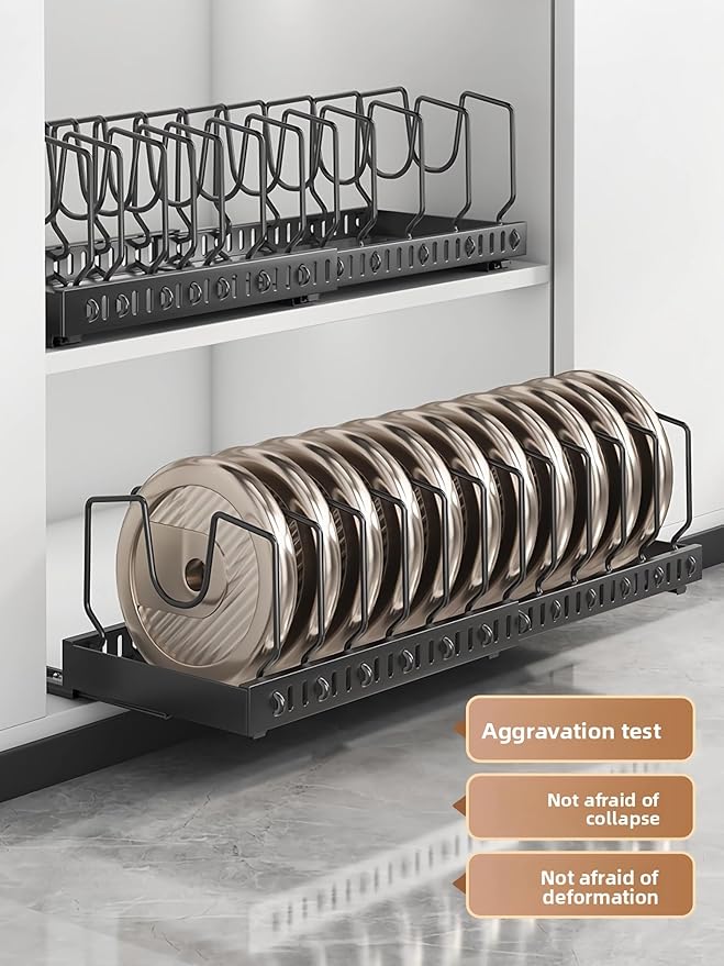 pots and pans organizer under cabinet,pot lid organizers inside cabinet holders for kitchen,Horizontal and vertical pulling modes,Can be extended and adjusted (Black horizontal pull-out)