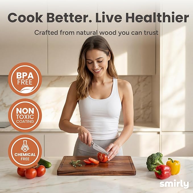 SMIRLY Walnut Wood Cutting Boards for Kitchen, Set of 3 with Holder Large - Small, Walnut Wooden Cutting Board Set with Deep Juice Grooves, Non Toxic Serving Tray, Perfect Mother's Day Gifts