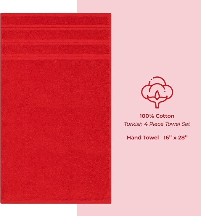 American Soft Linen Luxury Hand Towels for Bathroom, 600 GSM Heawy Weight 16x28 Size 100% Cotton Turkish 4 Piece Hand Face Towel Set, Red Hand Towels
