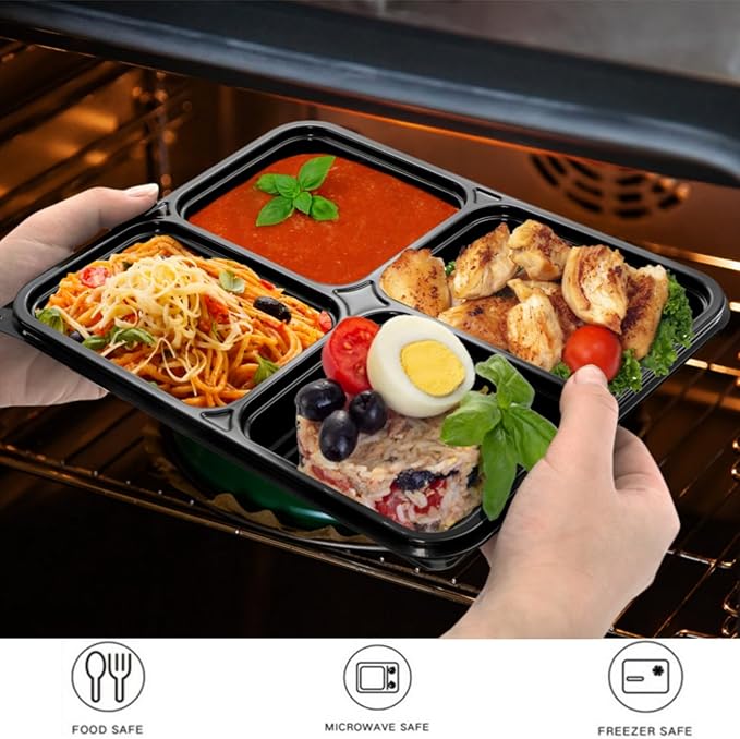 Noamus 50 Pack Meal Prep Containers, 34oz Leak-Proof Food Storage Box with Lid, Microwavable BPA Free Bento Lunch Plate, Stackable&Disposable Plastic To Go Takeout Pan for Freezer Safe, 4 Compartment