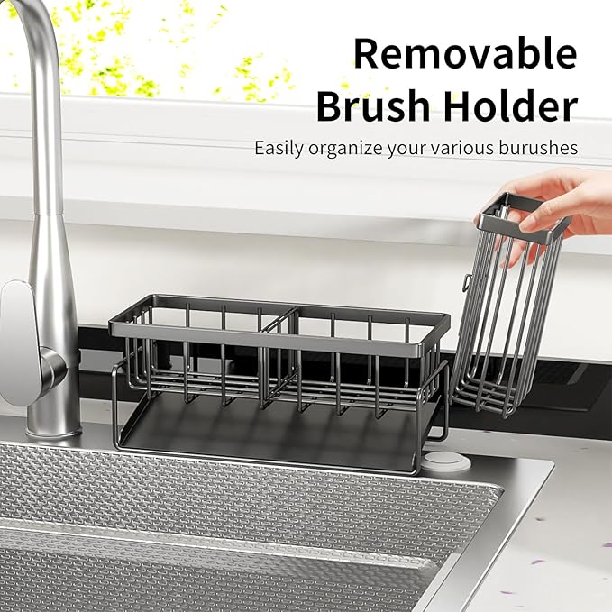 Sponge Holder & Sink Caddy Organizer - Rustproof Kitchen Sink Organizer with High Brush Holder - Kitchen Essentials Countertop Storage Organization (Black)