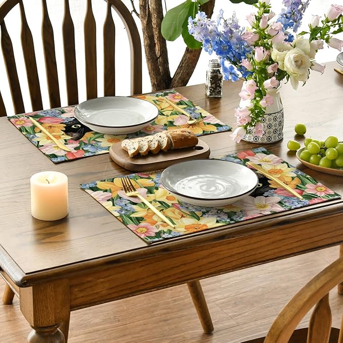 Artoid Mode Tulip Flowers Cat Spring Placemats Set of 4, 12x18 Inch Seasonal Summer Holiday Table Mats for Party Kitchen Dining Decoration