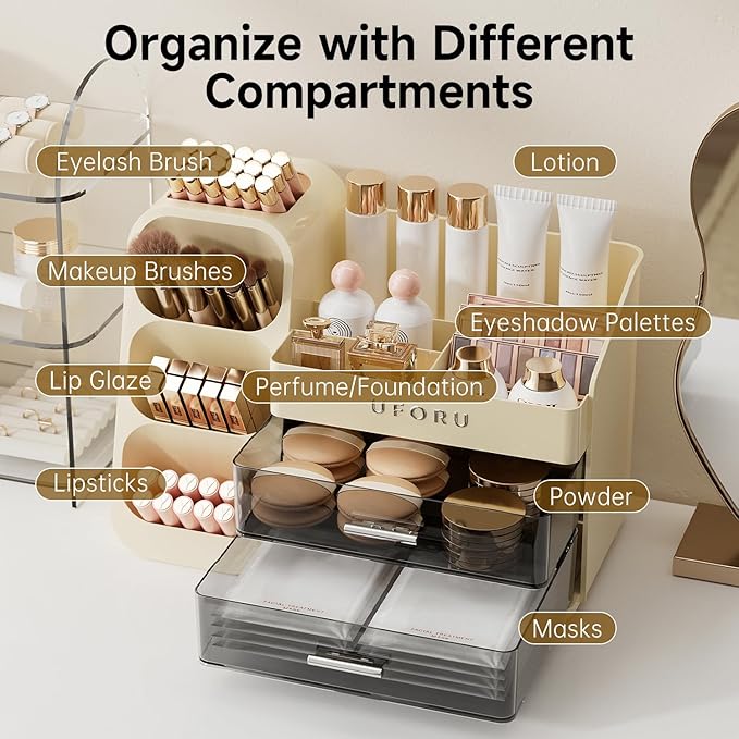 Makeup Organizer for Vanity with Brush Holder, Large Plastic Bathroom Countertop Skincare Organizer with 2 Drawers, Spacious Cosmetic Display Case for Perfumes, Eyeshadow Palettes, Nail Polishes