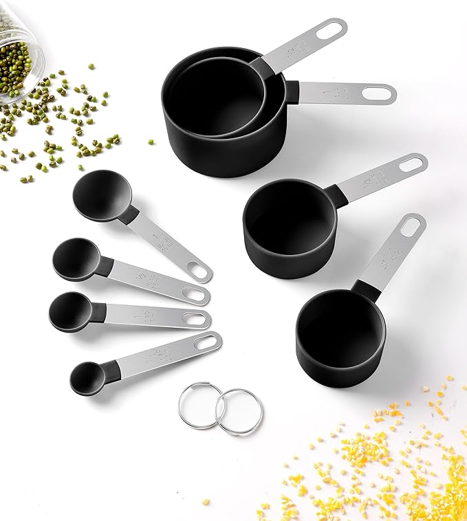 Measuring Cups and Spoons Set of 8 Pieces, nesting measuring cups for Measuring Dry or Liquid Ingredients, Stainless Steel Handle, Kitchen Gadgets for Cooking & Baking （Black）