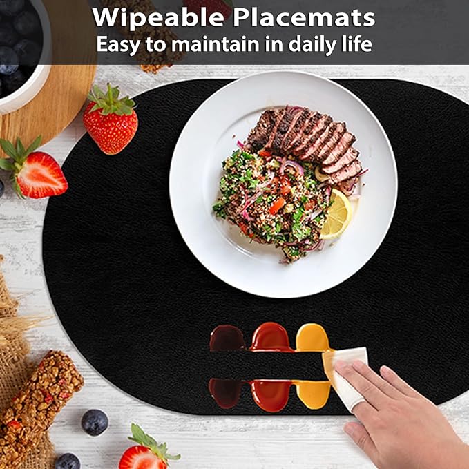 ADRIMER Placemats, Heat Resistant Oval Placemats Set of 6 Washable 12 x 17 Inch, Waterproof Table Mats, Wipeable Pu Place Mats for Kitchen, Dining Room, Black
