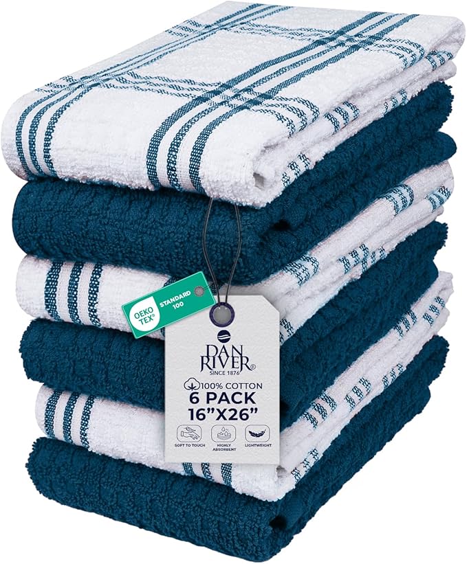 DAN RIVER Premium Kitchen Towels - [Pack of 6] 100% Cotton (16x 26 Inches) -Super Soft,Highly Absorbent, Quick Dry, Dish Towels for Kitchen Towels -Blue Opal