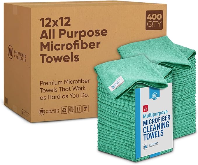 Bulk 12” X 12” All Purpose Microfiber Towels Wholesale - Case Quantity (400 Count) | No Fraying | High Density Microfiber | Zero Chemical Cleaner | Long-Lasting (Green)