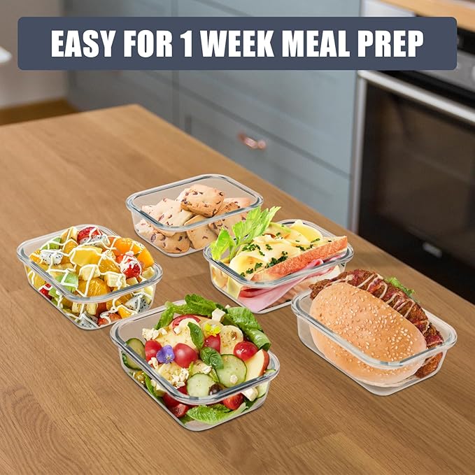 6Pack 22oz Glass Meal Prep Containers, Glass Food Storage Containers Sets with Snap Leak Proof Lids for Microwave, Oven, Freezer and Dishwasher Safe (Grey, 22oz)