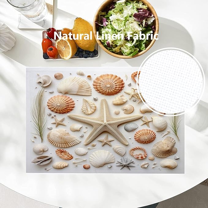 Batmerry Seashells Starfish Placemats, Beach Themed Arrangement Washable Linen Table Mats for Kitchen Table Double Insulation Decor Dining Set Indoor Outdoor 12X18 in Set of 4
