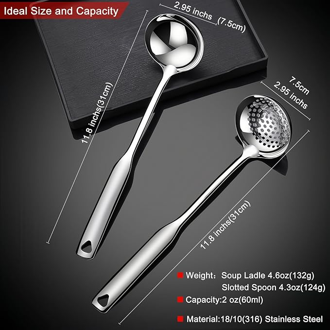Soup Ladle 18/10 Stainless Steel and Slotted Spoons with Holes 2 Pack Set,316 Metal Heavy Duty Deep Spoon Gravy Punch Ladles for Serving Soup,Gravy,Draining,Kitchen Cooking,Hot Pot(11.8inchs)