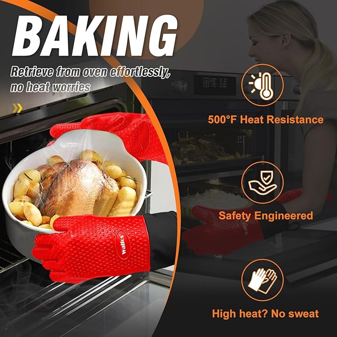 Walfos Silicone BBQ Gloves - Heat Resistant Grilling Gloves Set with Pork Shredder Claws & Brush, Non-Slip Kitchen Silicone Oven Mitt with Protective Cotton Layer, Suit for Indoor & Outdoor, Red
