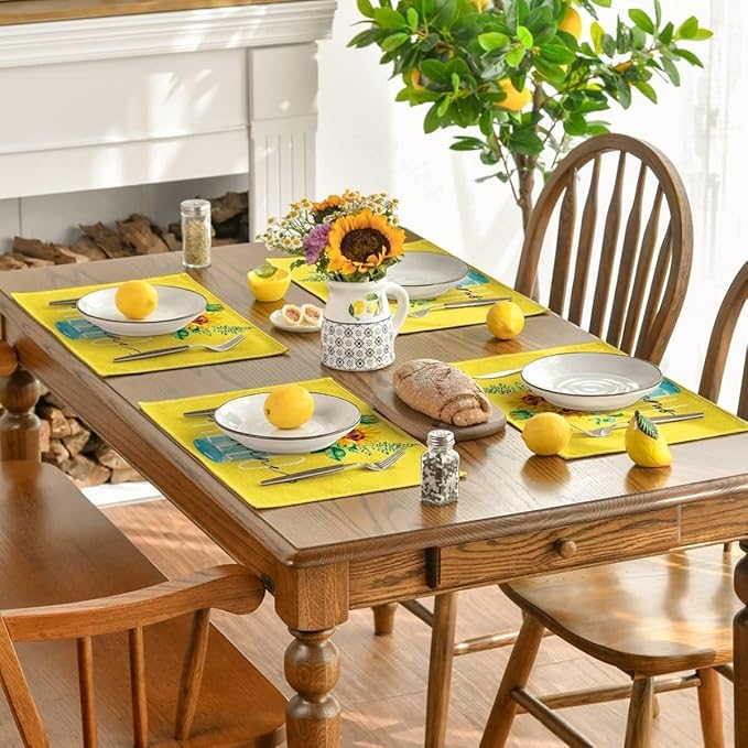 Bloss Yellow Hello Sunshine Sunflower Summer Placemats Set of 4, 12 x 18 Inch Spring Seasonal Holiday Decoration Rustic Vintage Washable Table Mats, Placemats for Dining Table