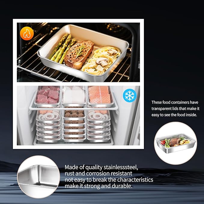 6-Pack Stainless Steel Food Storage Containers with ClearLids - Stackable Metal Meal Prep Boxes for Lunches, Leftovers & Kitchen Organization, BPA-Free & Dishwasher Safe（73oz/10X7.68X2.1）