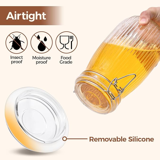 ComSaf 3pcs 50oz Ribbed Glass Jars with Airtight Clamp Lids, Large Vintage Canisters for Flour, Sugar Storage & Fermenting, Wide Mouth for Pantry Organization & Countertop Decor