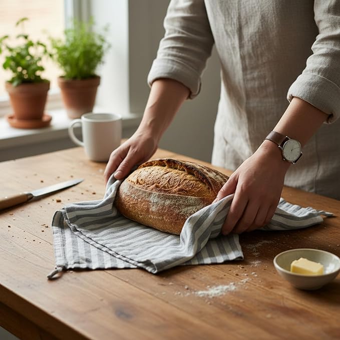 Eight Owls Stonewashed Linen Kitchen Dish Towels - 20 x 27 inch – 100% Pure Linen Tea Towel/Hand Towel - Set of 2 (Sage Stripe)