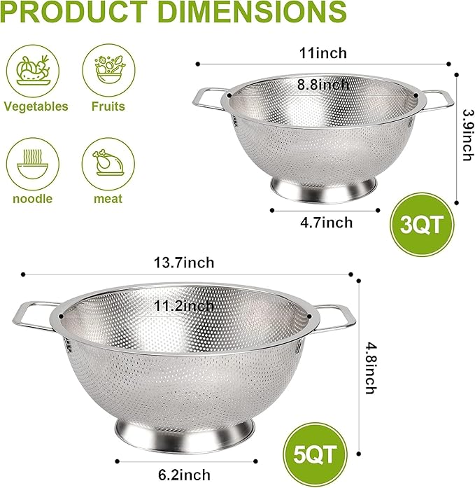 Gulex Stainless Steel Colander and Strainer Set(5-Quart and 3-Quart)， Strainer for Kitchen Food, Dishwasher Safe