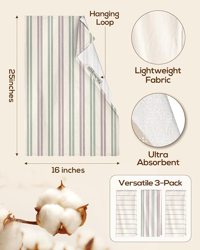 Miss Adola Neutral Flour Sack Kitchen Towels - 3 Pack 18"x 26" Cotton Farmhouse Fast Drying Decorative Hand Tea Towel Dishcloth with Hanging Loop for Home Decor Housewarming Gift, Striped
