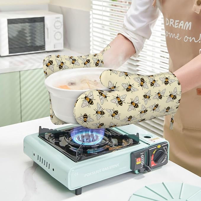 Happy Busy Bees Oven Mitts and Pot Holders Sets Silicone Bees Kitchen Mitts Bee Potholders Heat Resistant 4Pcs Oven Gloves Hot Pads for Kitchen Baking Cooking BBQ Grilling