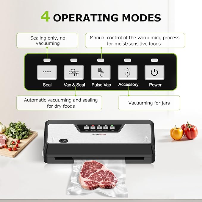 Bonsenkitchen Vacuum Sealer, Multi-Functional Food Sealer with 1 Roll Bag+ 5 Bags, Fast-Compact Design | Bag Storage | Built-in Cutter, External Vacuum System & Accessory Tube, Silver