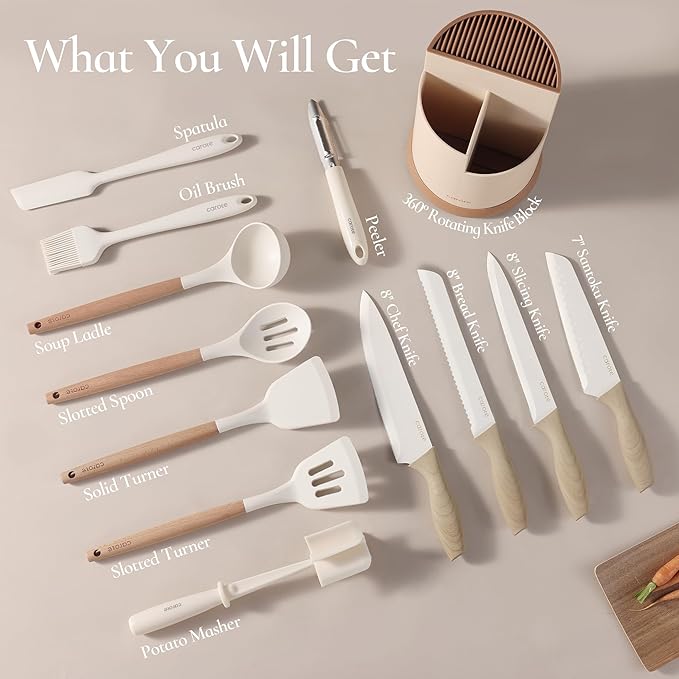CAROTE 13Pcs Kitchen Utensils Set with 360 Rotating Knife Block, Heat Resistant Cooking Utensils with Wooden Handle, Nonstick Ceramic Surface, Cream White