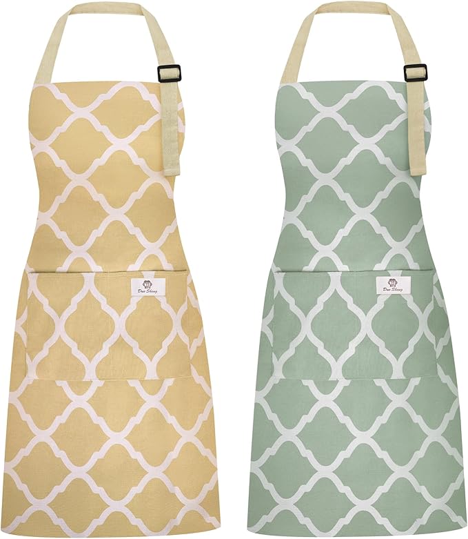 2 Pieces Aprons for Women with Pockets, Cotton Linen Waterproof Kitchen Cooking Aprons, Chef Apronfor Men Women with Adjustable Neck Strap and Long Ties(Yellow/Green)