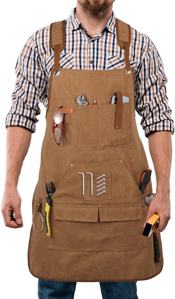 Men's Canvas Tool Apron, Heavy Duty Multi-Pocket Work Apron for Woodworking Gardening Bartender Adjustable Straps