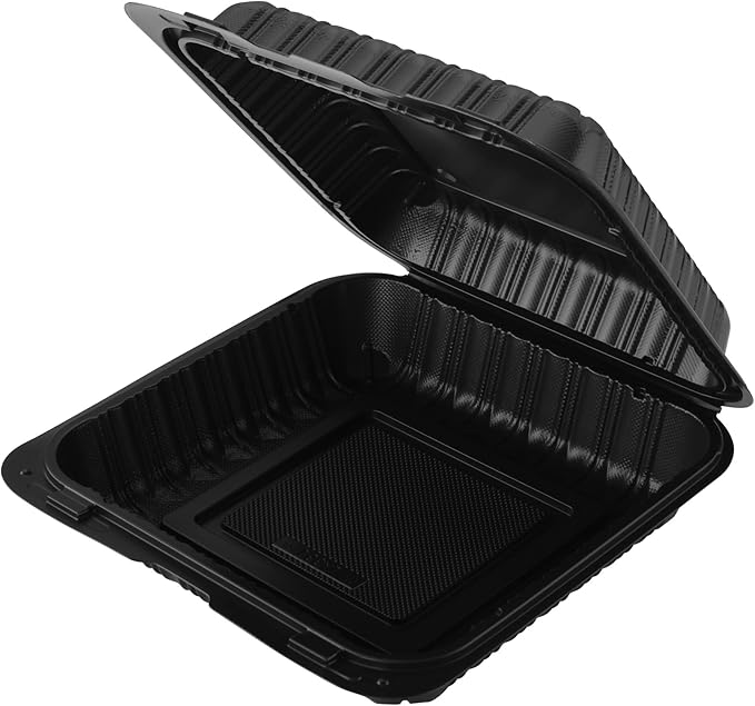 Front Lock MFPP Hinged Container, Black, Vented Clamshell- 1 Compartment, 8" x 8", Disposable Takeout Boxes, Durable Microwaveable Containers for Restaurants & Food Service 150pc
