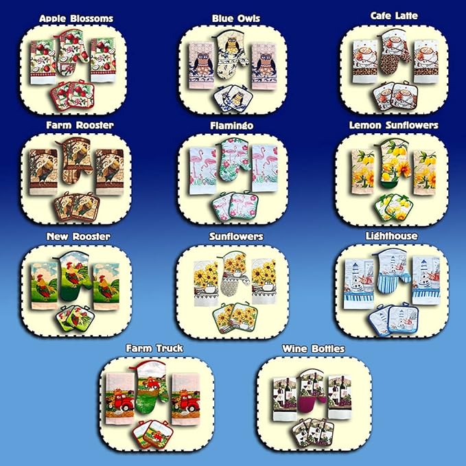 Lobyn Value Packs Nautical Lighthouse 5 Piece Kitchen Towel Set with 2 Decorative Dish Towels (25 X15), 1 Oven Mitt (11 X 7) and 2 Potholders (6.5 X 6.5) Coastal Blue Kitchen Accessories