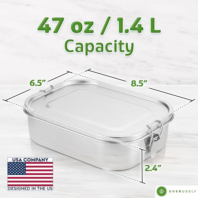 Everusely - Bento Box - Stainless Steel Lunch Box for Adults - 47 oz, 1.4 L - 5 Compartment Snack Container with Removable Silicone Seal + Secure Lock Clips - Non Plastic, Leakproof, Dishwasher Safe