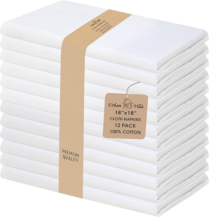 Urban Villa Cloth Napkins White Dinner Napkins Set of 12 (18X18) 100% Cotton Absorbent Washable Durable Reusable Cloth Napkins Ideal for Easter Decorations Hotel Collection Farmhouse Parties Napkins