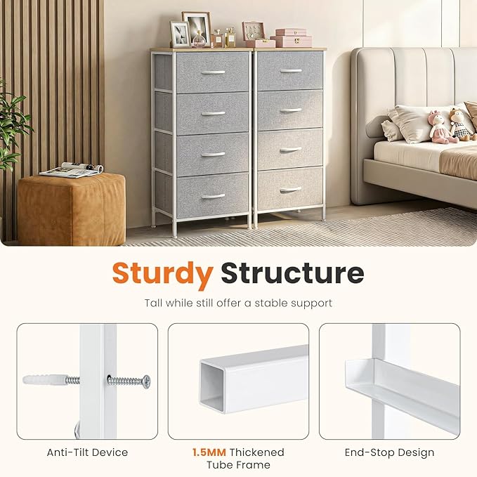 Sweetcrispy Nightstand Small Bedroom Dresser with 4 Fabric Drawers,Bed Side Furniture End Table,Wooden Top Cabinet Night Stand Dresser for Closet,Entryway,Dorm,Light Gray