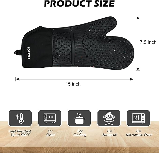 Extra Long Silicone Oven Mitts - Heat Resistant up to 500°F, 15'' Waterproof and Non-Slip Oven Gloves with Soft Quilted Liner - Perfect for BBQ, Cooking, Baking, and Grilling - 1 Pair, Black