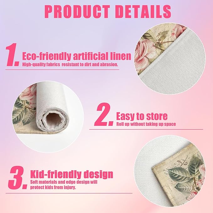 Vintage Rose Placemats Set of 6,12x18 Inch Spring Floral Linen Place Mat Washable Stain Resistant Table Mats for Spring Summer Seasonal Farmhouse Kitchen Party Home Decor