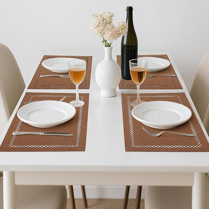 Linen Cloth Placemats Set of 4, HADEEONG 12 x 18 Inch Hollow Edge Place Mats Washable Heat Resistant Placemats Cloth Table Mats for Dining Table Home Decor (Brown, 4)