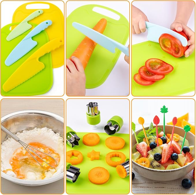 EFO SHM 52 PCS Kids Cooking Sets, Montessori Pretend Play Kitchen Toys for Real Cooking Baking, Toddler Knife Set with Chef Hat & Apron, Kids Baking Set for Boys Girls Christmas Birthday Gift