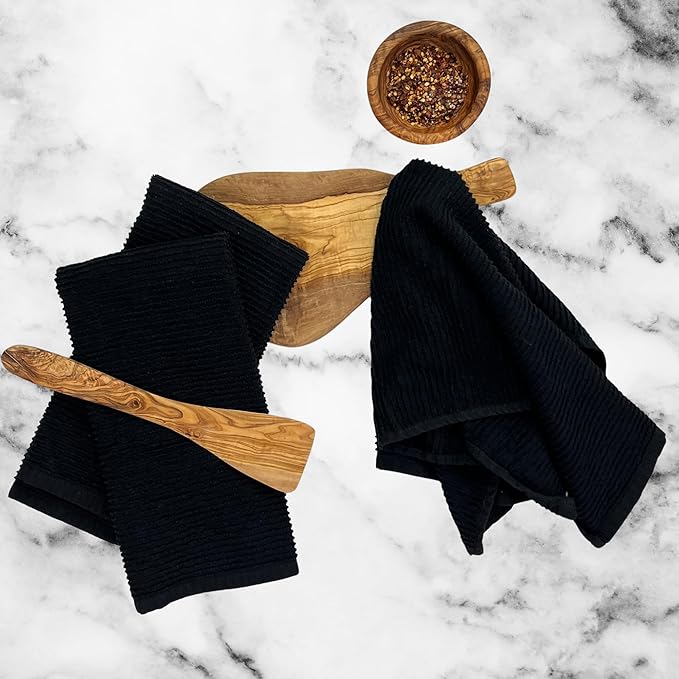 Serafina Home Oversized Solid Color Black Kitchen Dish Towels: 100% Cotton Cloth Soft Cleaning Drying Absorbent Ribbed Terry Loop, Set of 3 Multipurpose for Everyday Use (Black)