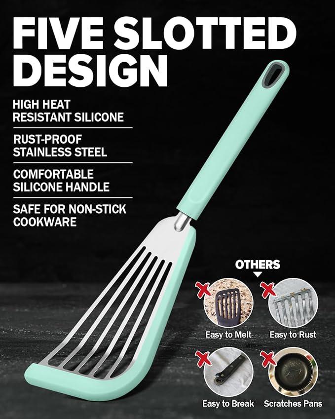 Fish Spatula Turner, Thin Slotted Spatulas for Nonstick Cookware,Silicone Edge Heat Resistant Kitchen Flipper for Fish, Egg, Pancake(Stainless Steel, 2Pack)