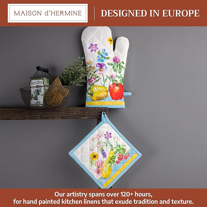 Maison d' Hermine 100% Cotton Oven Mitt & Pot Holder Set (7.5"x13" & 8"x8") Heat Resistant BBQ Cooking Gloves with Loop Baking Grilling Kitchen Gifts for Mothers Day Spring/Summer (Giverny)