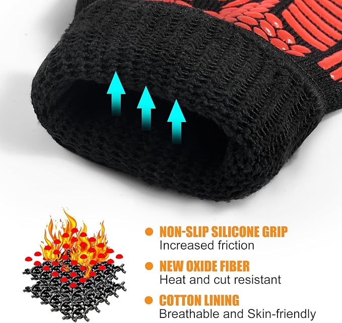 BBQ Gloves, Oven Gloves, 1472°F Extreme Heat Resistant Barbecue Gloves, Silicone Non-Slip Oven Mitts, Kitchen for Cooking, Grilling, and Baking (Red)