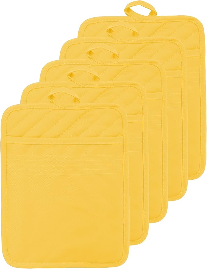 Oven Pot Holder with Pocket Cotton Heat Resistant Coaster Potholder Kitchen Hot Pad Oven Mitts for Cooking Square 7"x9"Set of 5 (Yellow)