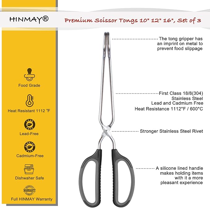 HINMAY Stainless Steel Scissor Tongs Cooking Tongs Set, Set of 3 (Black Handle, 10" 12" 16")