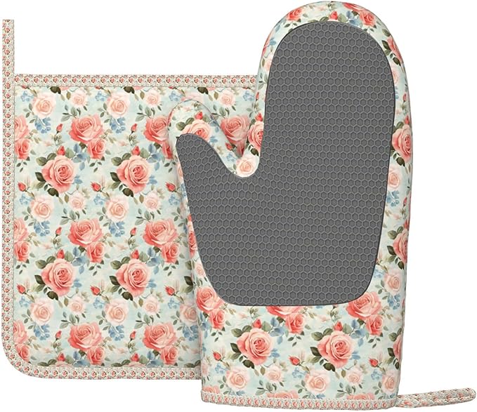 Oven Mitts and Pot Holders Rose Flower Vintage Botanical Silicone Kitchen Accessories Set of 2 Heat Resistant Long Gloves Potholder Non-Slip Grip for Chef Cooking,Baking,Grilling,BBQ