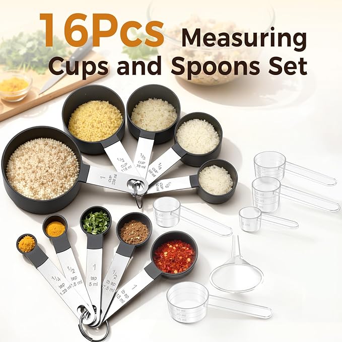 16PCS Measuring Cups and Spoons Set, Measuring Spoon Set with Metric and US Measurements, Fits for Measuring Dry and Liquid - Black