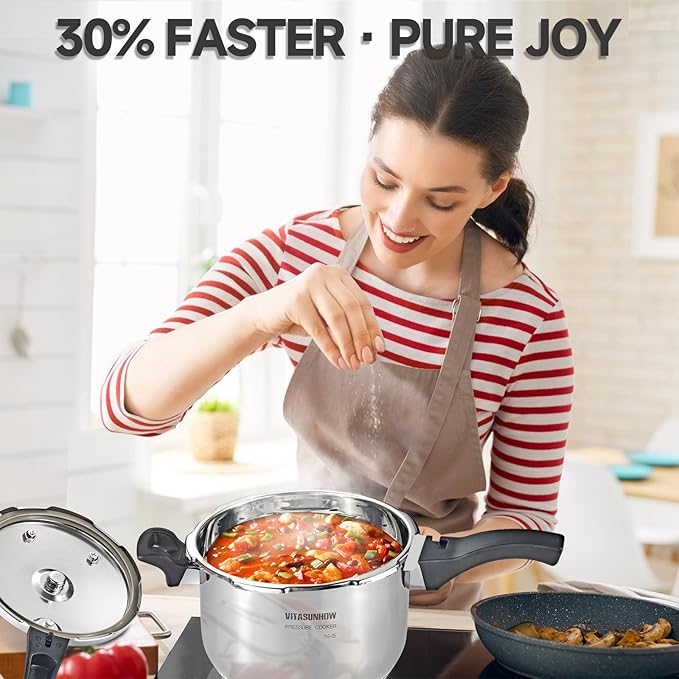 Stainless Steel Pressure Cooker with Steamer Basket, Faster Cooking and Safety Pressure Release (9-Liter)