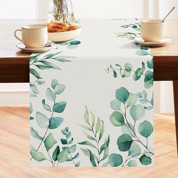 Bonhause Eucalyptus Leaves Table Runner 13x90 Inch Green Leaf Plants Spring Summer Seasonal Holiday Kitchen Dining Table Decoration for Indoor Outdoor Home Party Decor