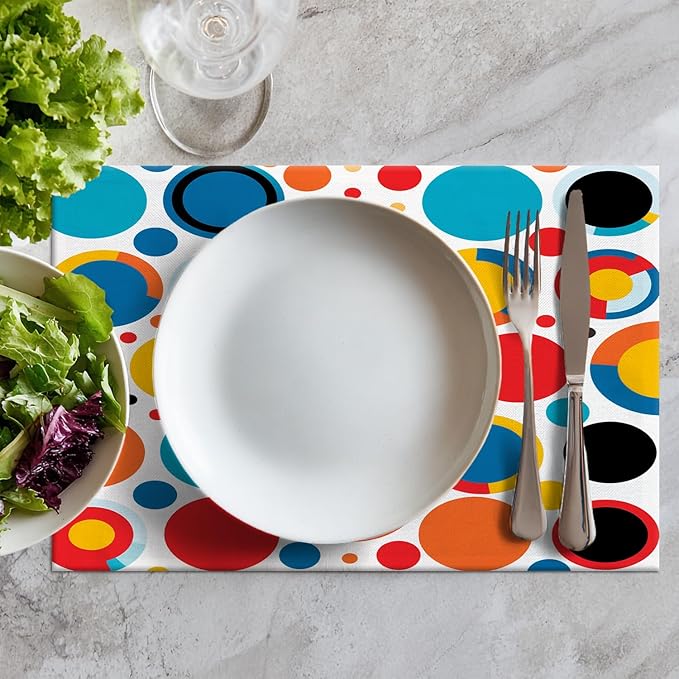 Batmerry Colorful Circles Placemats, Vibrant Circular Pattern Washable Linen Table Mats for Kitchen Table Double Insulation Decor Dining Set Indoor Outdoor 12X18 in Set of 6