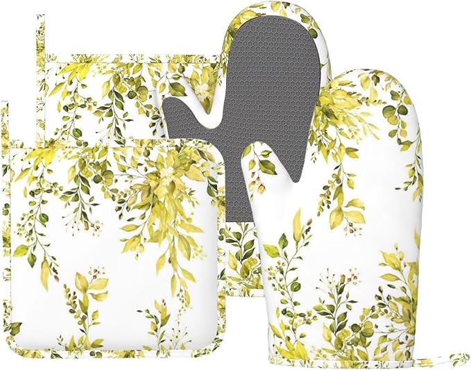 Yellow Eucalyptus Oven Mitts and Pot Holders Set, 4pcs Silicone Watercolor Plant Leaves with Floral Oven Glove for Kitchen Heat Resistant Oven Mitts and Potholders Non-Slip for Cooking
